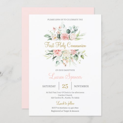 Floral First Holy Communion for girl Invitation
