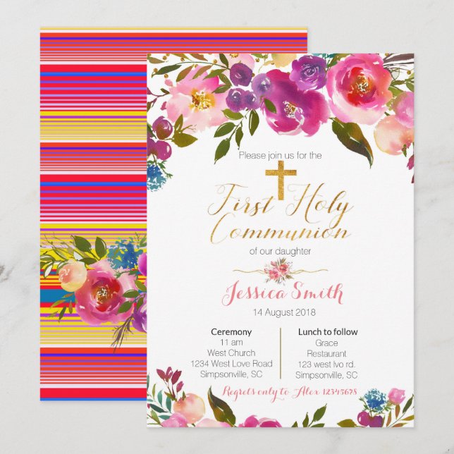 Floral First Holy Communion Invitations Mexican (Front/Back)