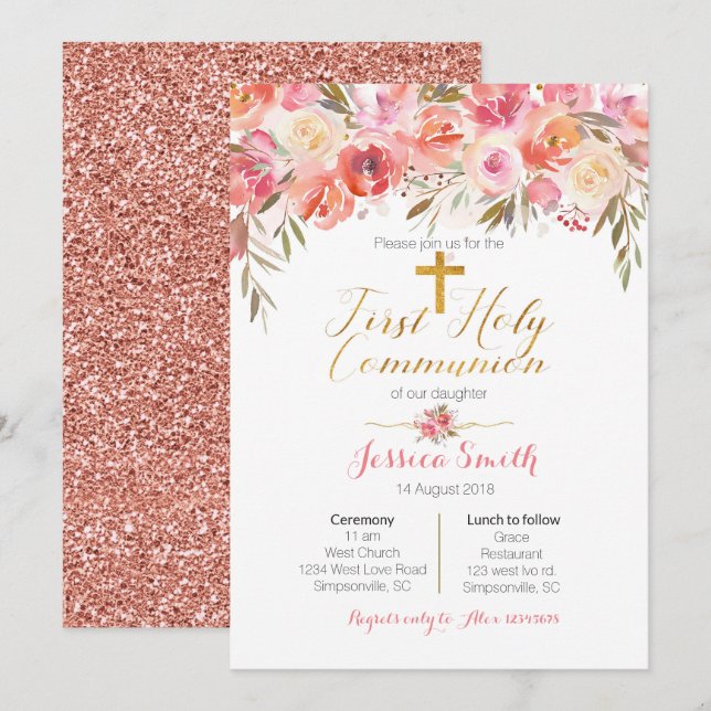Floral First Holy Communion Invitations Rose Gold (Front/Back)