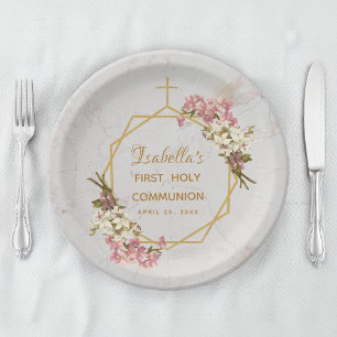 Floral First Holy Communion Orchid Gold on Marble Paper Plates