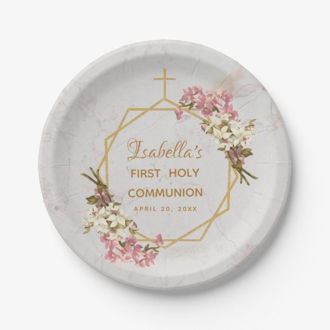 Floral First Holy Communion Orchid Gold on Marble Paper Plates (Front)
