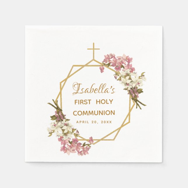 Floral First Holy Communion Orchids Gold Geometric Napkins (Front)