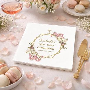Floral First Holy Communion Orchids Gold Geometric Napkins
