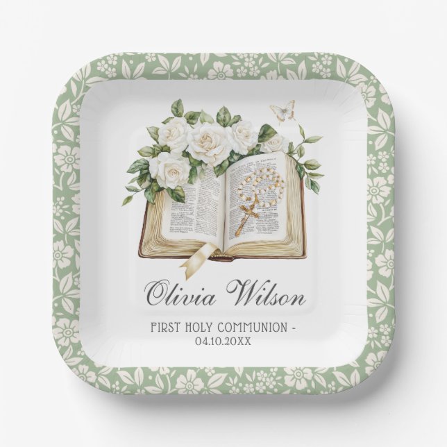 Floral First Holy Communion Paper Plates (Front)
