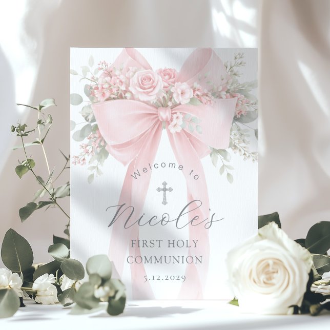  Floral First Holy Communion Pink Bow Welcome Poster (Creator Uploaded)