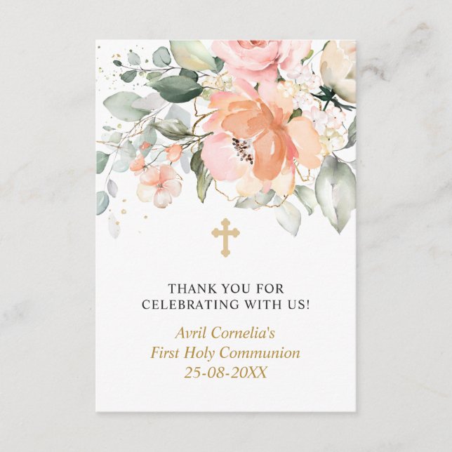 Floral First Holy Communion Thank You Enclosure Card (Front)