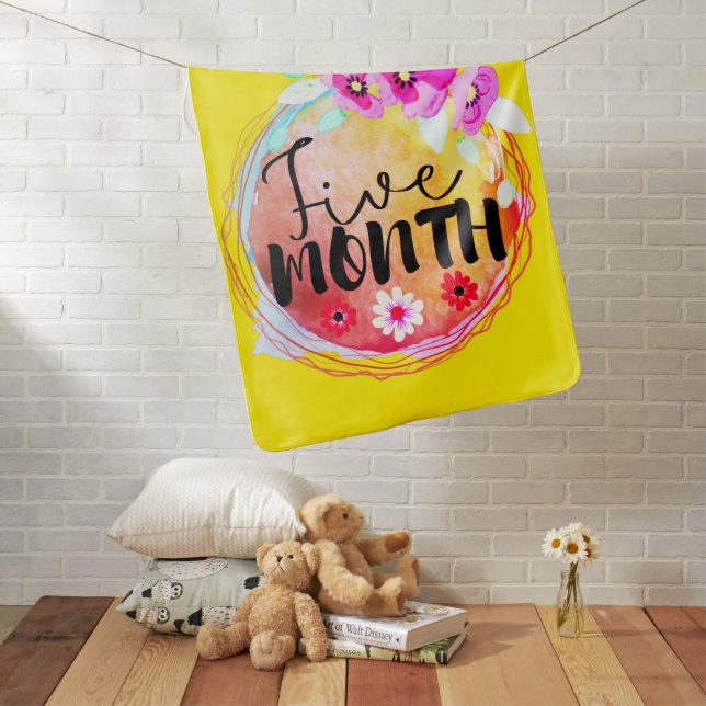Floral Five Month Old Baby Milestone Label Blanket (In Situ)