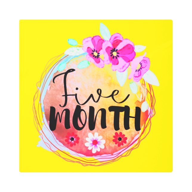 Floral Five-Month-Old Baby Milestone Label Metal Print (Front)