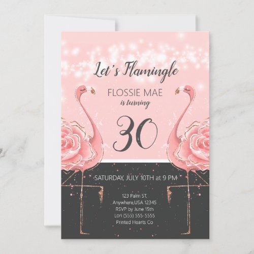 Floral Flamingo Birthday Invitation  Rose Gold