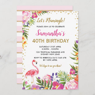 Floral Flamingo Birthday Party Tropical Pink Gold Invitation