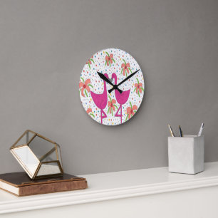 Floral Flamingo Fiesta Round Clock