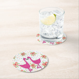 Floral Flamingo Fiesta Round Paper Coaster