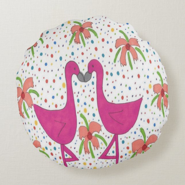 Floral Flamingo Fiesta Round Pillow (Back)