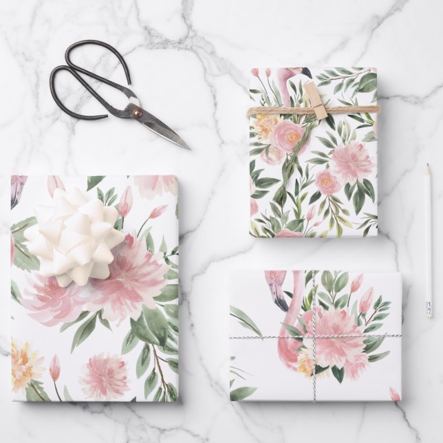 Floral Flamingo Pattern Wrapping Paper Sheets (Front)