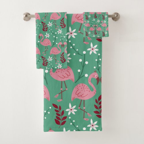 Floral flamingo seamless pattern pink green bath towel set