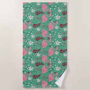Floral flamingo seamless pattern pink green beach towel