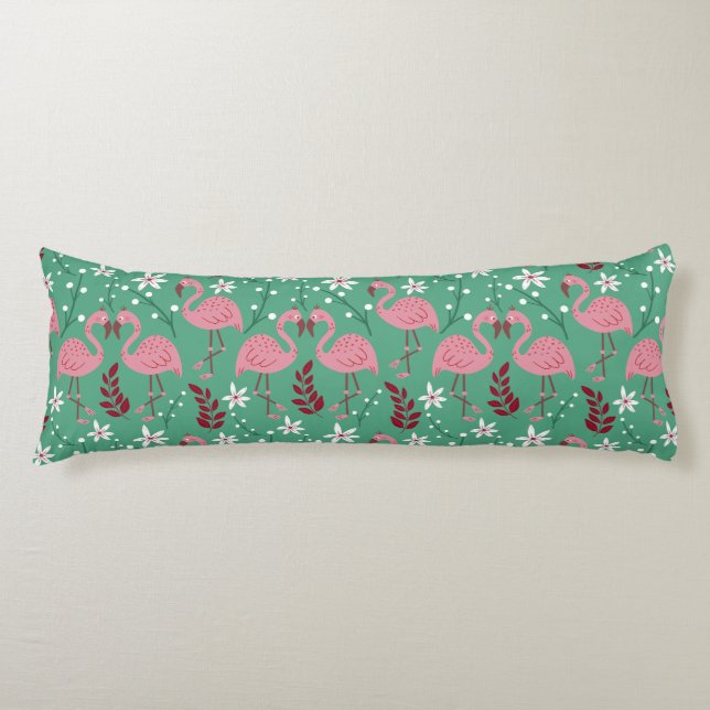 Floral flamingo seamless pattern pink green body pillow (Front)