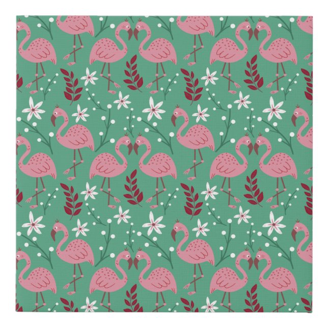 Floral flamingo seamless pattern pink green faux canvas print (Front)