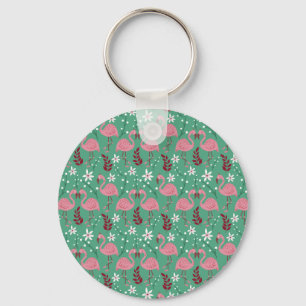 Floral flamingo seamless pattern pink green keychain