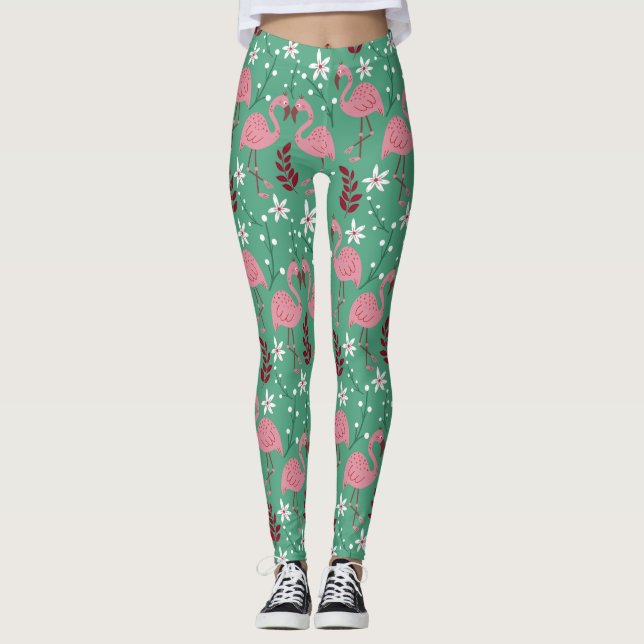 Floral flamingo seamless pattern pink green leggings (Front)