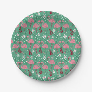 Floral flamingo seamless pattern pink green paper plates