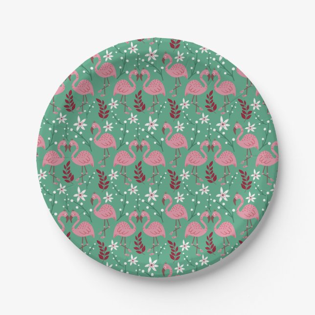 Floral flamingo seamless pattern pink green paper plates (Front)