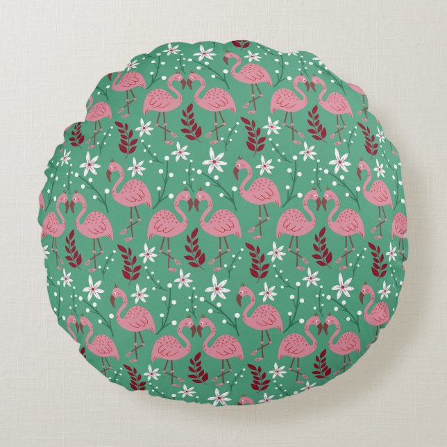 Floral flamingo seamless pattern pink green round pillow (Front)
