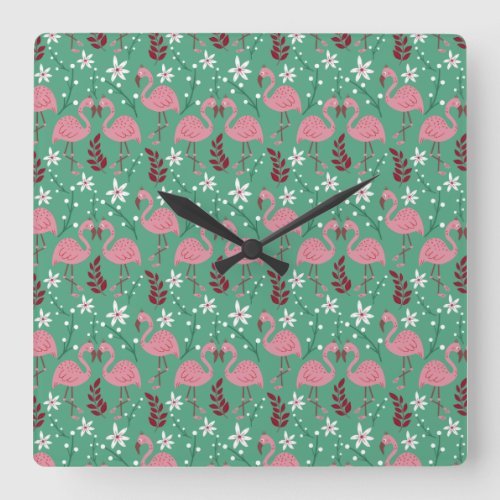 Floral flamingo seamless pattern pink green square wall clock