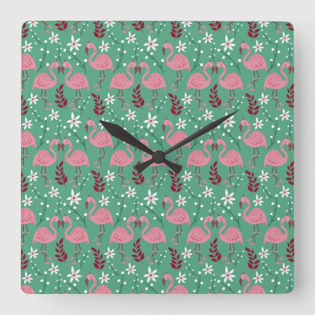 Floral flamingo seamless pattern pink green square wall clock (Front)
