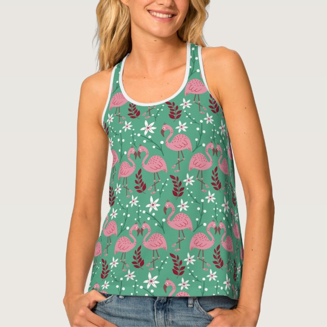 Floral flamingo seamless pattern pink green tank top (Front)