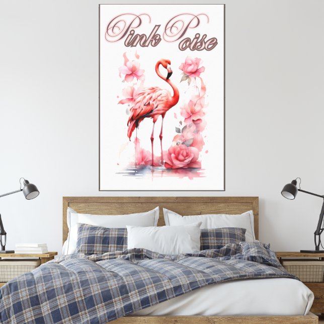 Floral Flamingo Stroll | Watercolor Floral Design Canvas Print (Insitu(Bedroom))
