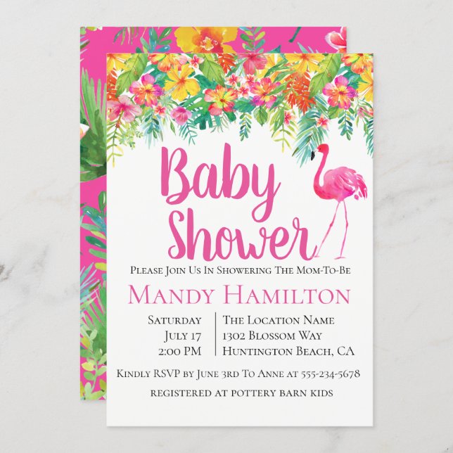 Floral Flamingo Tropical Baby Shower Invitation (Front/Back)
