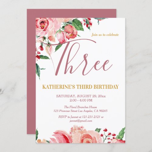 Floral Flora Blush Pink Gold Watercolor Birthday Invitation