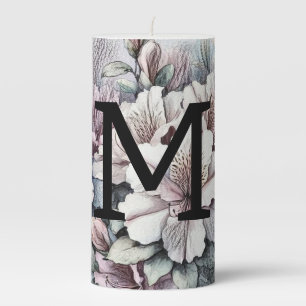 Floral floral drawing monogram pink blue azaleas  pillar candle