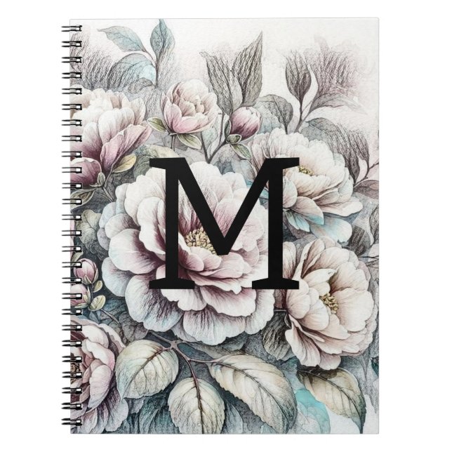 Floral floral drawing monogram pink blue peonies  notebook (Front)