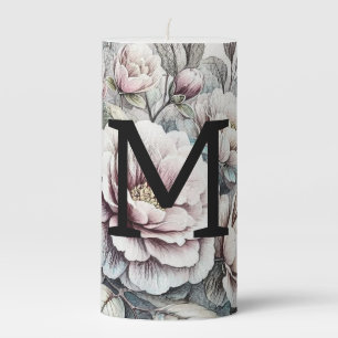 Floral floral drawing monogram pink blue peonies pillar candle