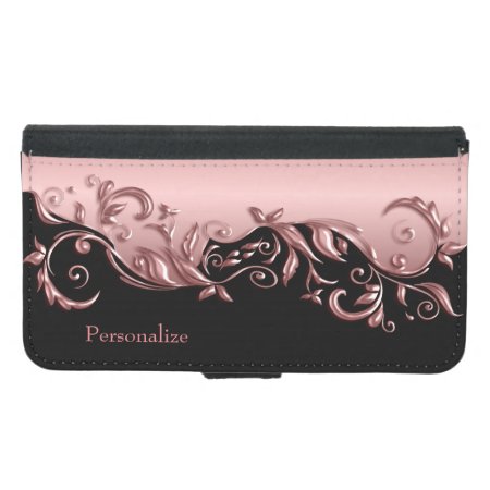 Floral Florid Pink Rose Metallic On Black Wallet Phone Case For Samsun