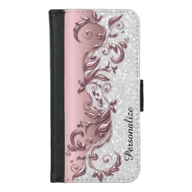 Floral Florid Rose Metallic White Confetti iPhone Wallet Case (Front)