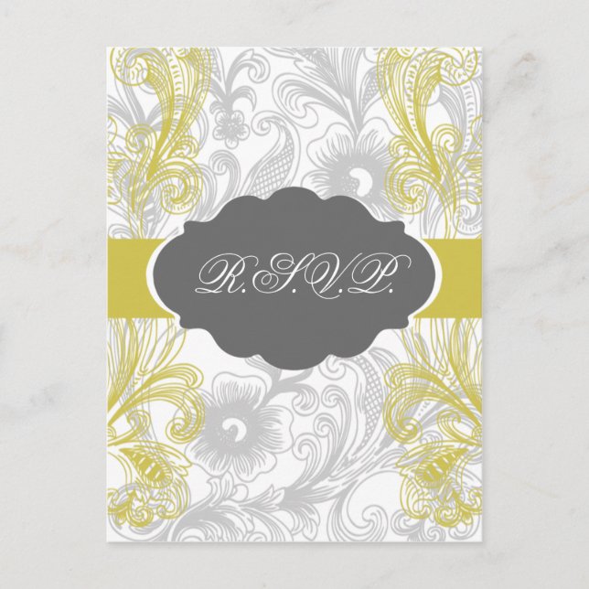 floral flourish gray and yellow Wedding Invitation Postcard (Front)