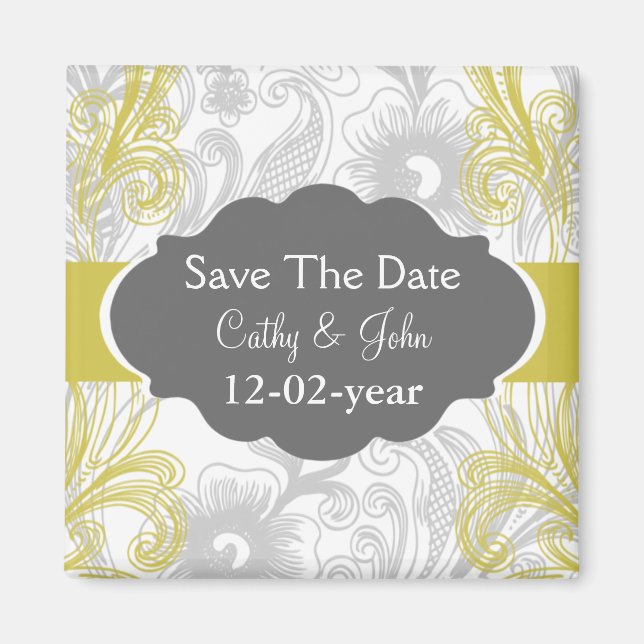 floral flourish gray and yellow Wedding Magnet (Front)