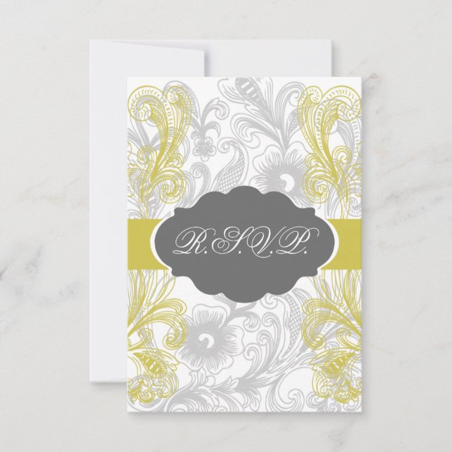floral flourish gray and yellow Wedding RSVP Card (Front)