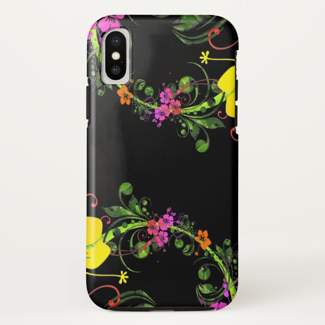 Floral Flower Black Phone - Tough iPhone X Case (Back)