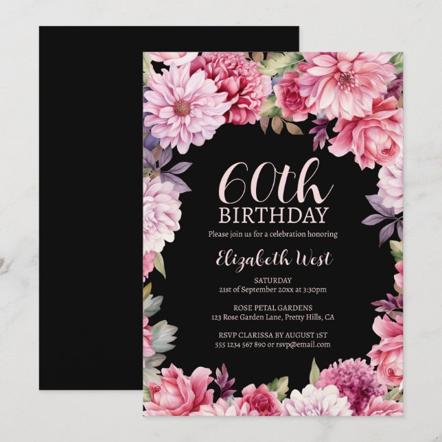 Floral Flower Bloom Blush Black 60th Birthday Invitation (Front/Back)