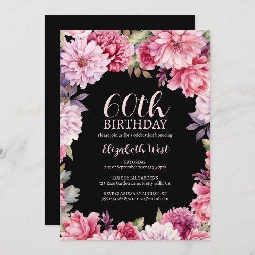 Floral Flower Bloom Blush Black 60th Birthday Invitation