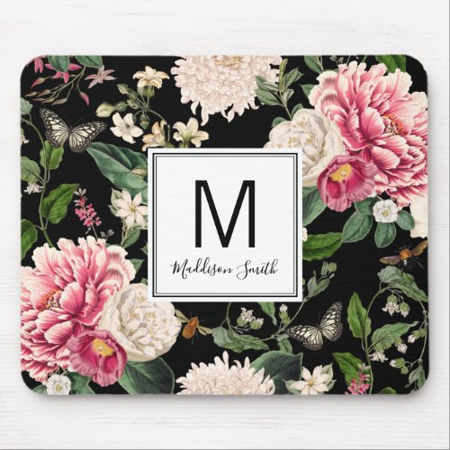 Floral Flower Garden Add Your Name Black Mouse Pad