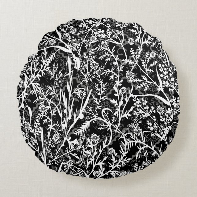 Floral Flower Grayscale  Round Pillow (Front)