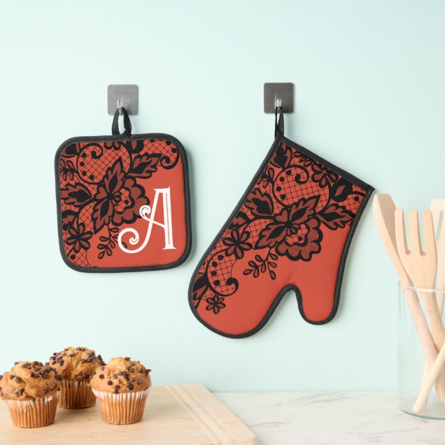 floral flower lace monogram cooking baking kitchen oven mitt & pot holder set (Insitu(Hanging))