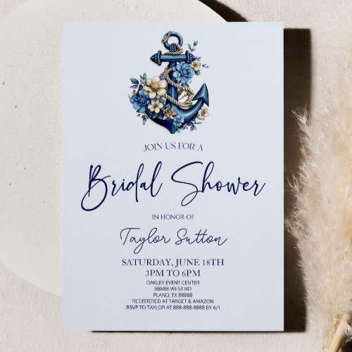 Floral Flower Nautical Blue Anchor Bridal Shower Invitation