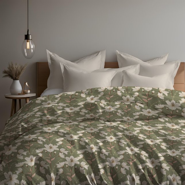 Floral Flower Sage Green Beige Lily Pattern   Duvet Cover (Creator Uploaded)