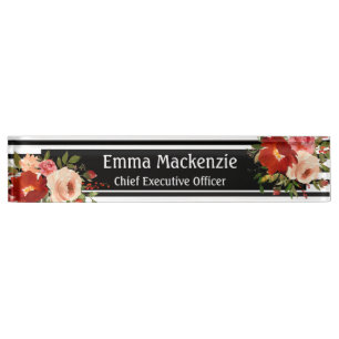 Floral Flowers Black and White Desk Name Plate
